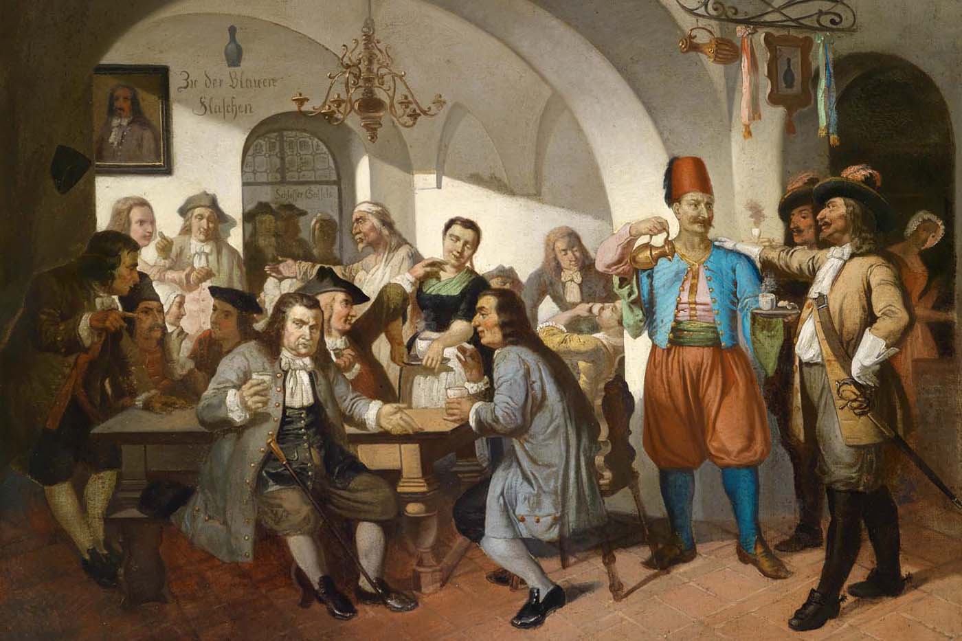 Первая венская кофейня «Hof zur Blauen Flasche» – «У голубой бутылки». Была открыта в 1686 году Юрием Францем Кульчицким. Неизвестный художник. 1900 год.
